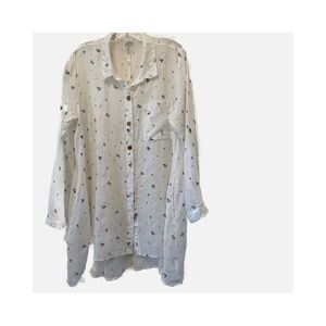 Kleen 100% Ramie Button Down Long Sleeve Shirt Blue White Tunic Womens M Pockets